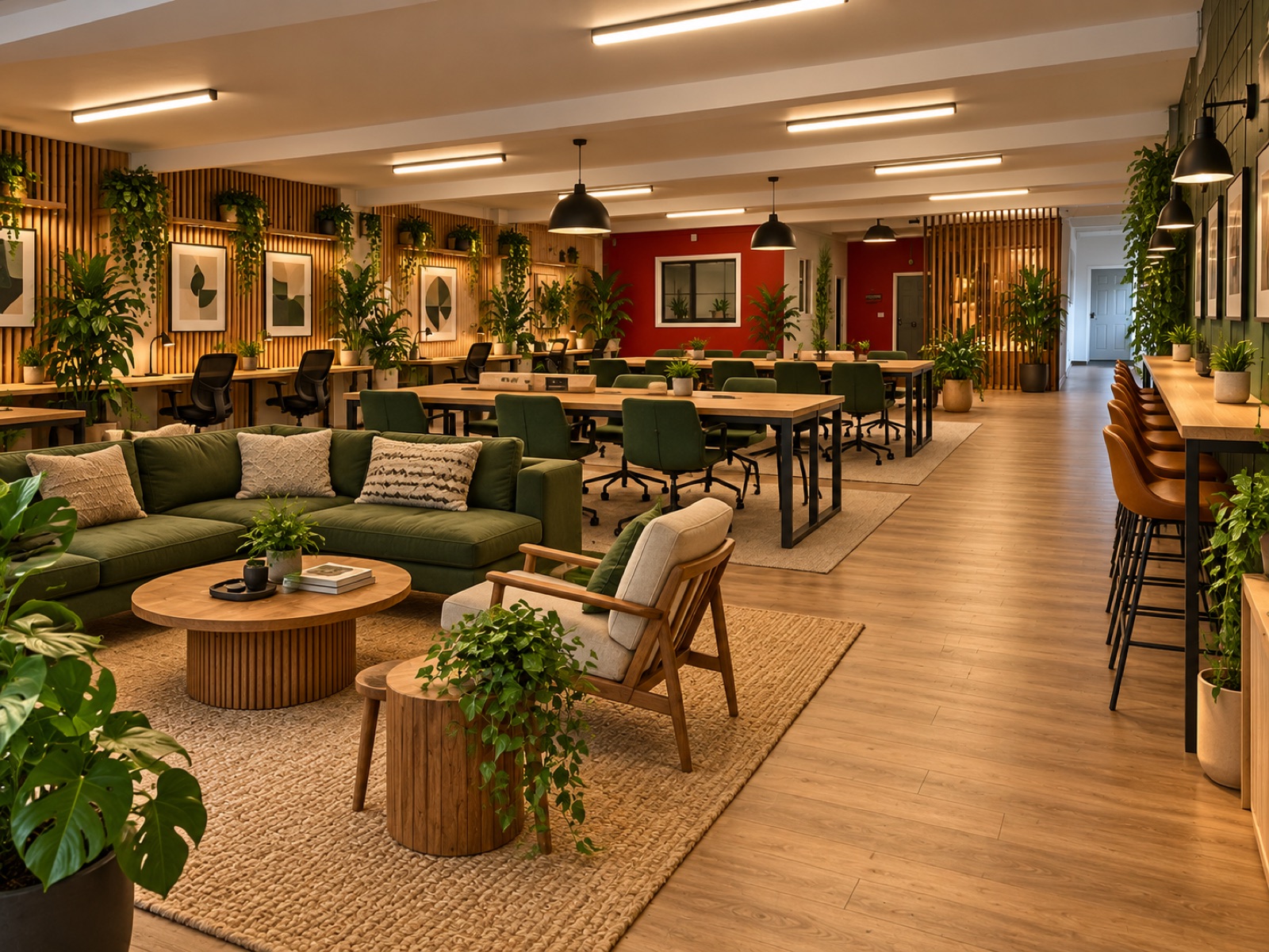 Concept render of a Nearwork space: timber slat walls, plants, green sofas and rows of desks